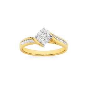 9ct+Gold+Diamond+Cluster+Swirl+Ring