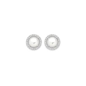 Silver-Pearl-CZ-Halo-Stud-Earrings on sale