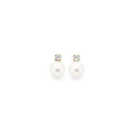 9ct+Gold+Cultured+Freshwater+Pearl+%26amp%3B+Cubic+Zirconia+Earrings