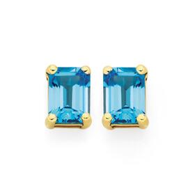 9ct-Gold-Blue-Topaz-Emerald-Cut-Claw-Set-Stud-Earrings on sale
