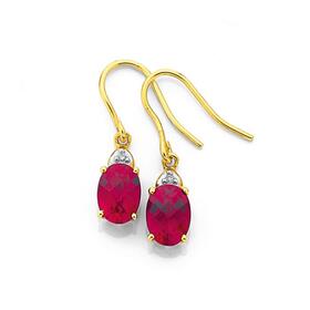 9ct-Gold-Created-Ruby-Diamond-Drop-Earrings on sale