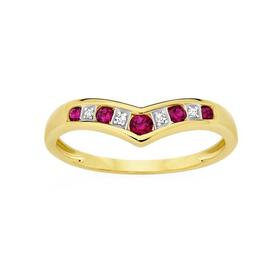9ct-Gold-Created-Ruby-Diamond-V-Shape-Ring on sale