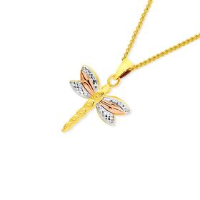 9ct-Gold-Tri-Tone-Hollow-Diamond-Cut-Dragonfly-Pendant on sale