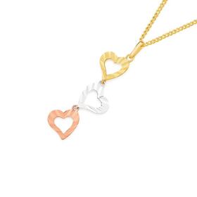9ct+Gold+Tri+Tone+Diamond-Cut+Triple+Heart+Pendant