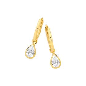9ct+Gold+Cubic+Zirconia+Pear+Drop+Flexi+Hoop+Earrings
