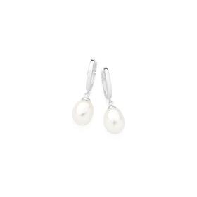 Silver+Pearl+Drop+Huggie+Earrings