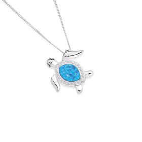 Silver-Blue-Man-Made-Opal-CZ-Turtle-Pendant on sale