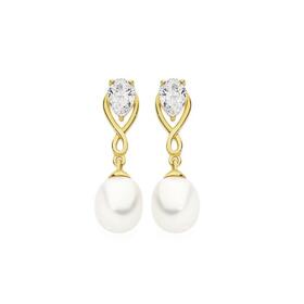 9ct-Gold-Cultured-Freshwater-Pearl-Cubic-Zirconia-Drop-Earrings on sale