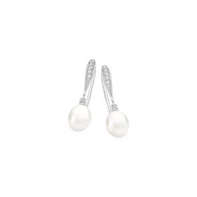 Sterling+Silver+Pearl+%26amp%3B+Cubic+Zirconia+Drop+Hook+Earrings