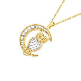 9ct-Gold-Two-Tone-Diamond-cut-Owl-Sitting-on-Moon-Pendant on sale