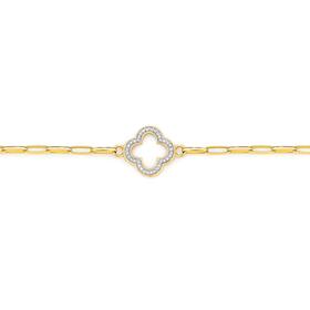 9ct-Gold-Diamond-Clover-Paperclip-Bracelet on sale