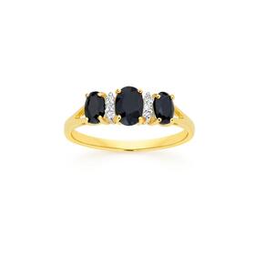 9ct+Gold+Black+Sapphire+%26amp%3B+Diamond+Oval+Cut+Trilogy+Dress+Ring