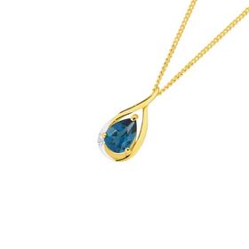 9ct+Gold+London+Blue+Topaz+with+Diamond+Teardrop+Pendant
