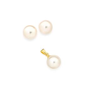 9ct+Gold+Cultured+Freshwater+Pearl+Stud+%26amp%3B+Pendant+Set