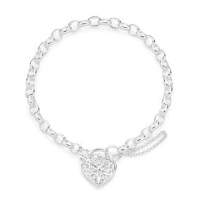 Sterling+Silver+Cubic+Zirconia+19cm+Heart+Filigree+Padlock+Bracelet