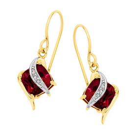 9ct-Gold-Created-Ruby-Diamond-Cushion-Crossover-Drop-Earrings on sale