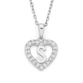 Sterling+Silver+Cubic+Zirconia+%26%23039%3BS%26%23039%3B+in+Heart+Initial+Pendant