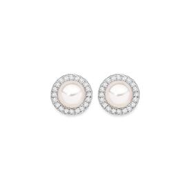 Sterling-Silver-Pearl-Cubic-Zirconia-Cluster-Stud-Earrings on sale