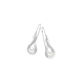 Sterling-Silver-Pearl-CZ-Loop-Hook-Earrings on sale