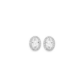 Sterling+Silver+Oval+Cubic+Zirconia+Halo+Stud+Earrings