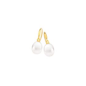 9ct+Gold+Cultured+Freshwater+Pearl+Teardrop+Hook+Earrings