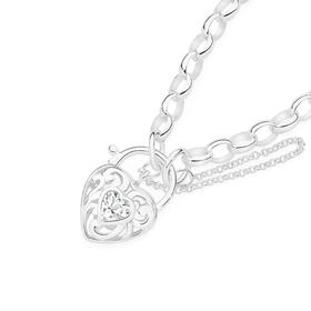 Sterling-Silver-Cubic-Zirconia-185cm-Heart-Scroll-Padlock-Bracelet on sale