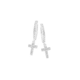 Sterling-Silver-Cubic-Zirconia-Cross-Drop-Huggie-Earrings on sale