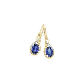 9ct+Gold+Created+Sapphire+%26amp%3B+Diamond+Oval+Cut+Hook+Earrings