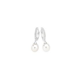 Sterling+Silver+Pearl+%26amp%3B+Cubic+Zirconia+Drop+Huggie+Earrings