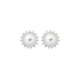 Sterling+Silver+Pearl+%26amp%3B+Cubic+Zirconia+Flower+Stud+Earrings