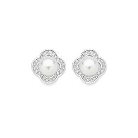 Sterling-Silver-Pearl-Cubic-Zirconia-Clover-Stud-Earrings on sale