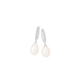 Sterling+Silver+Pearl+%26amp%3B+Cubic+Zirconia+Drop+Huggie+Earrings