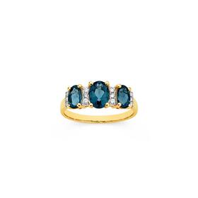 9ct-Gold-London-Blue-Topaz-Diamond-Oval-Trilogy-Ring on sale