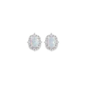 Sterling+Silver+Man-Made+Opal+%26amp%3B+Cubic+Zirconia+Stud+Earrings