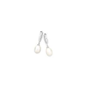 Sterling+Silver+Pearl+Drop+Huggie+Earrings