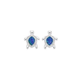 Sterling-Silver-Blue-Man-Made-Opal-CZ-Turtle-Stud-Earrings on sale