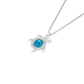 Sterling-Silver-Blue-Man-Made-Opal-CZ-Turtle-Pendant on sale