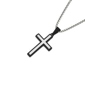 Stainless+Steel+35mm+Black+Plated+Edge+Brushed+Centre+Cross+Gents+Pendant