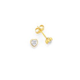 9ct+Gold+Cubic+Zirconia+Heart+Stud+Earrings