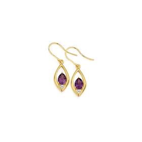 9ct+Gold+Amethyst+%26+Diamond+Hook+Earrings