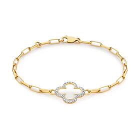 9ct+Gold+Diamond+Clover+Paperclip+Bracelet