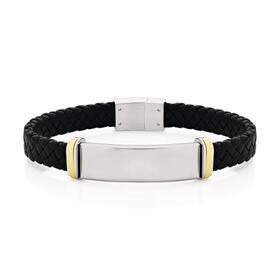Stainless-Steel-Gold-Plate-ID-Leather-Gents-Bracelet on sale