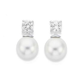 Sterling-Silver-Man-Made-Pearl-Cubic-Zirconia-Stud-Earrings on sale