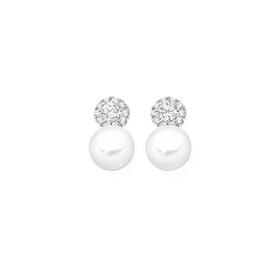 Silver-Pearl-CZ-Cluster-Stud-Earrings on sale