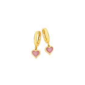 9ct-Gold-Pink-Enamel-Heart-Drop-Huggie-Earrings on sale