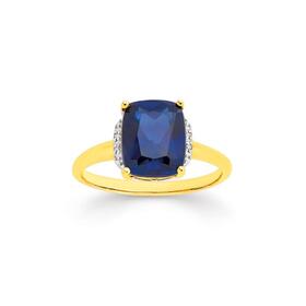 9ct+Gold+Created+Ceylon+Sapphire+%26amp%3B+Diamond+Cocktail+Ring