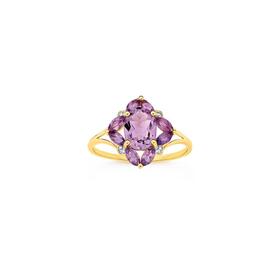 9ct+Gold+Amethyst+%26amp%3B+Diamond+Flower+Ring