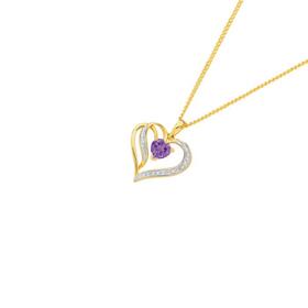 9ct+Gold+Amethyst+%26amp%3B+Diamond+Double+Open+Heart+Pendant