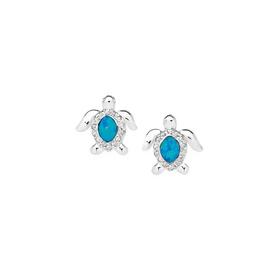 Sterling+Silver+Blue+Man-Made+Opal+%26amp%3B+Cubic+Zirconia+Turtle+Stud+Earrings