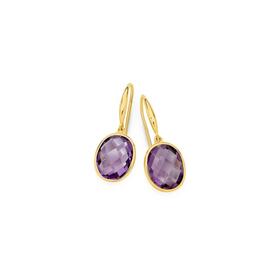 9ct+Gold+Amethyst+Oval+Bezel+Drop+Hook+Earrings